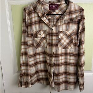 (1997) Hippy Rose Woman's Long Sleeve Flannel Shirt,Size: Medium Color: Pink/Tan